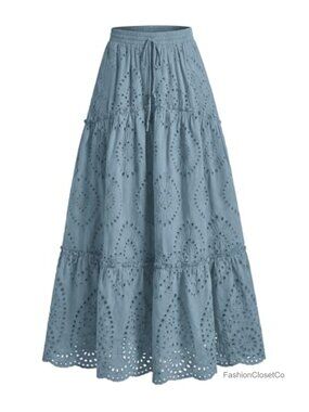 BTFBM Eyelet Embroidered Tiered Ruffle A-Line Maxi Skirt Beach Vacation